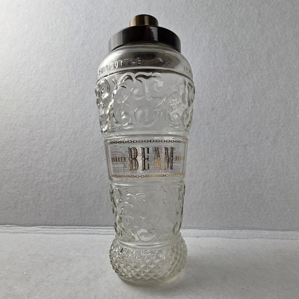 Vintage Jim Beam Bonded Beam Embossed Glass Liquor Pour Bottle w/ Metal Spout